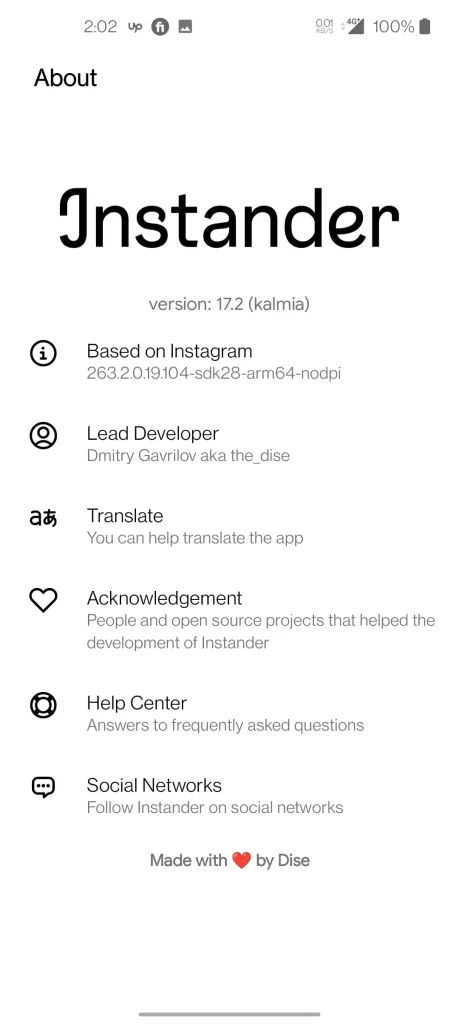 Detailed ‘About’ section of Instander app showing version and developer info.