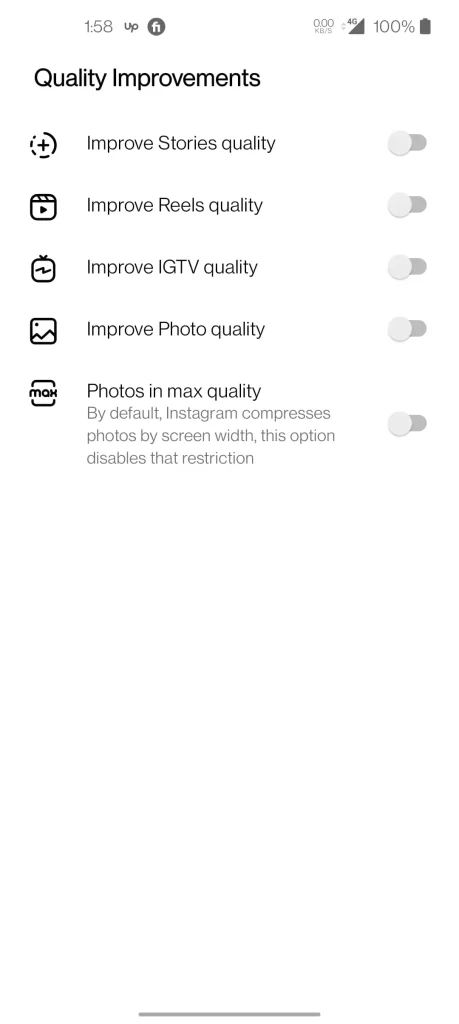 Instander’s ‘Quality Improvements’ settings showing options for enhancing media quality.