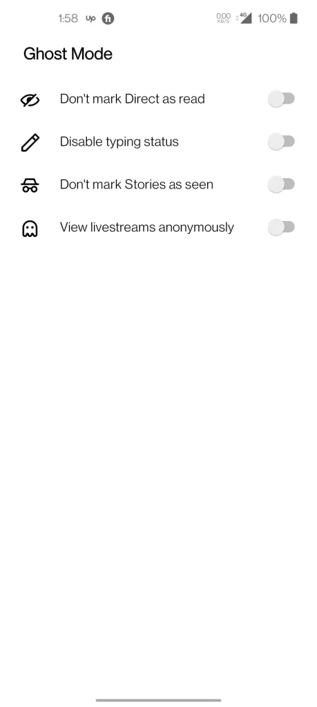 Instander app settings for browsing in Ghost Mode.